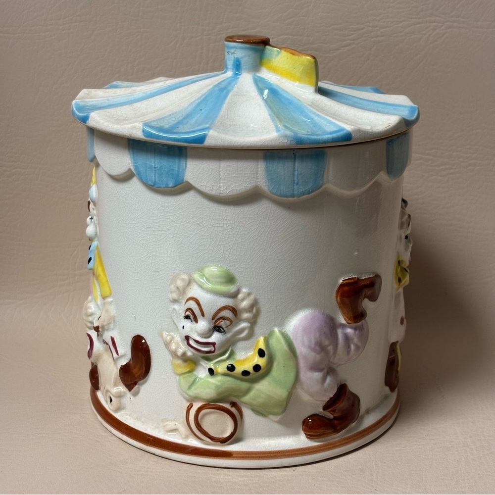 Vintage Clown Cookie Jar Ceramic Circus Tent Whimsical Playful Blue stripe - Picture 7 of 8